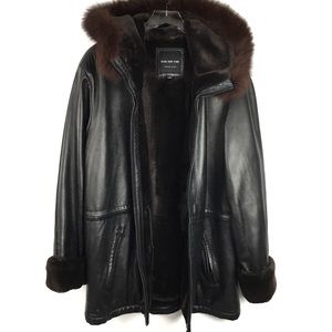 Black Leather Brown Fox Fur Hooded Coat SZ L